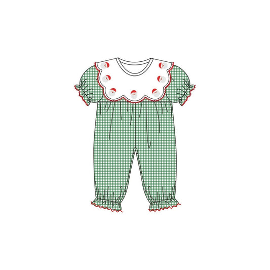 PRE ORDER - Hazel Blue Dark Green Micro Check Gingham Romper with Embroidered Santa Scalloped Bib Collar and Picot Trim