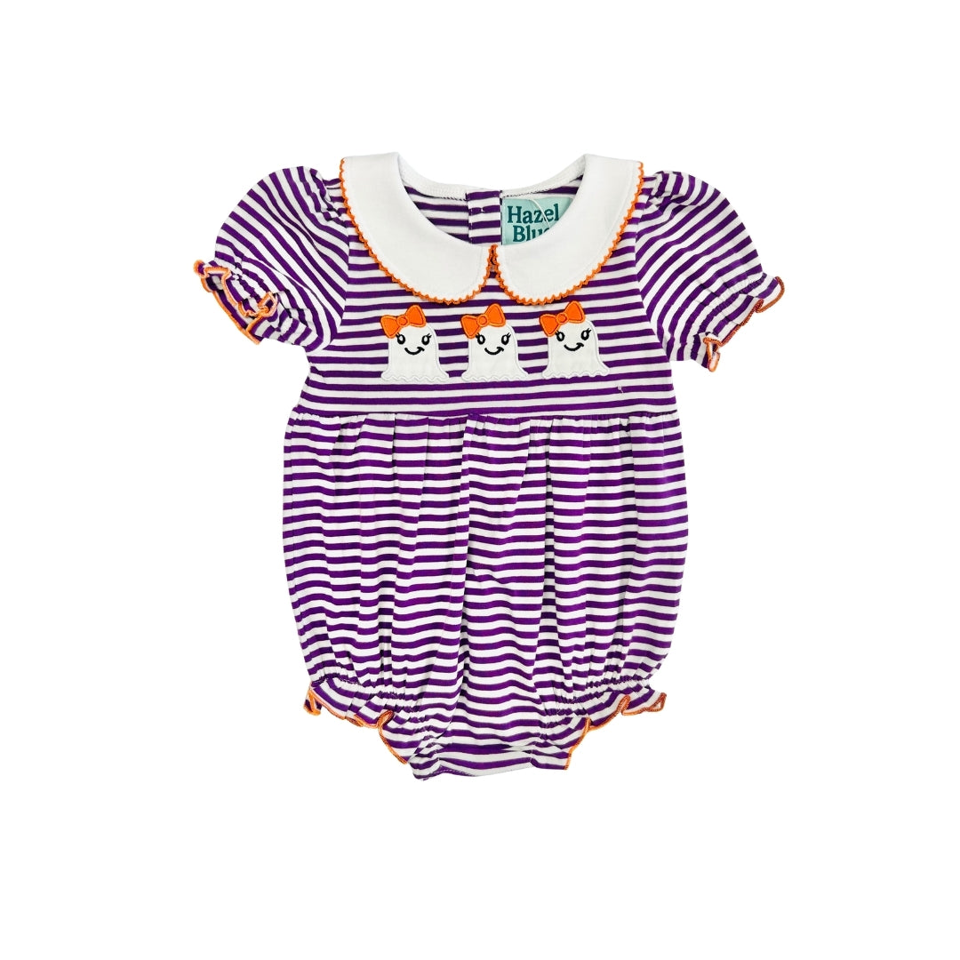 Hazel Blue Purple Stripe Bubble with Girly Ghost Applique and Picot Trim