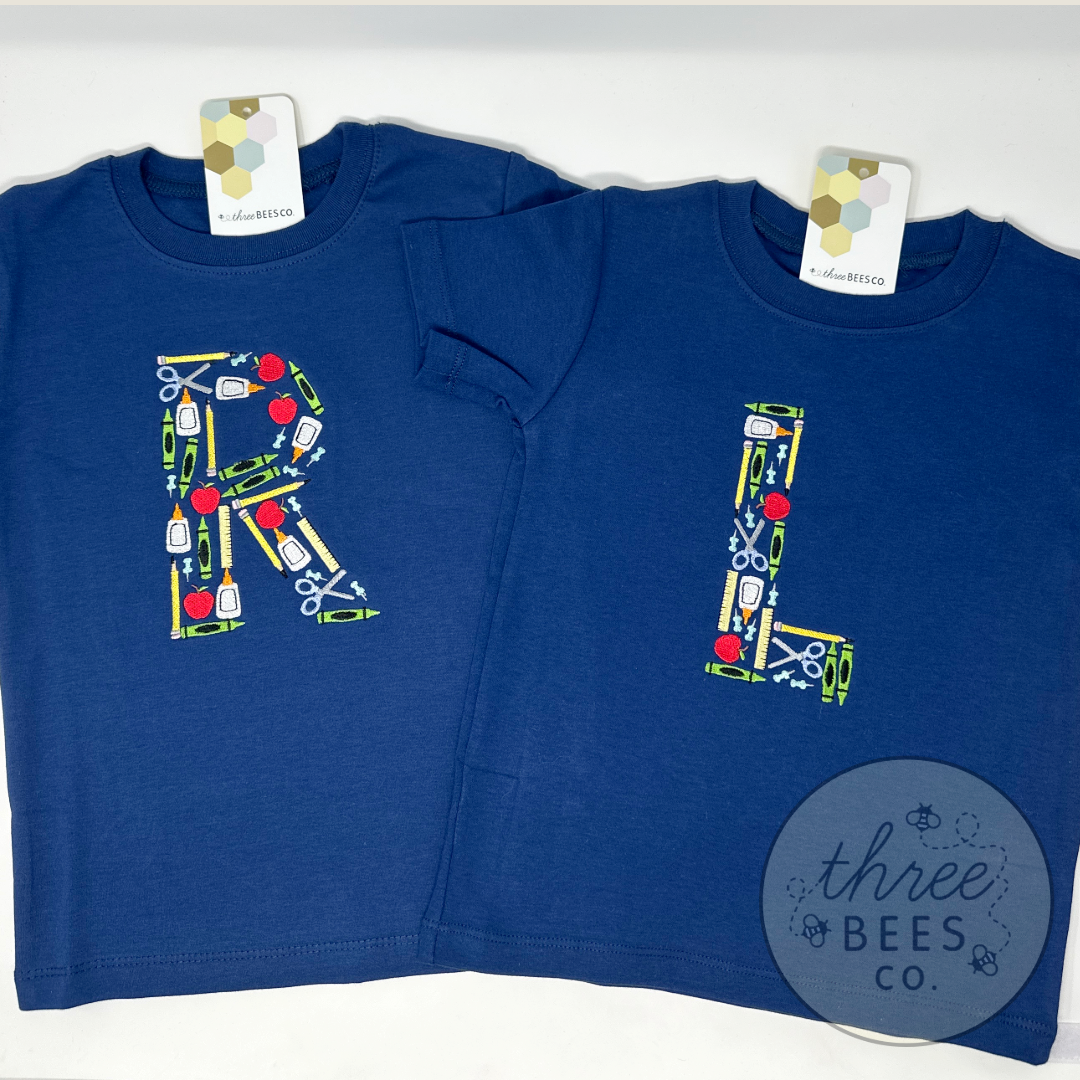 Back to School Supplies Embroidered Letter
