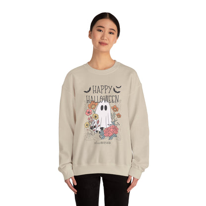Happy Halloween Ghost Floral Sweatshirt | Cozy Gildan Unisex Crewneck, Three Bees Co. Fall Fashion, Halloween Apparel, Spooky Season Essentials