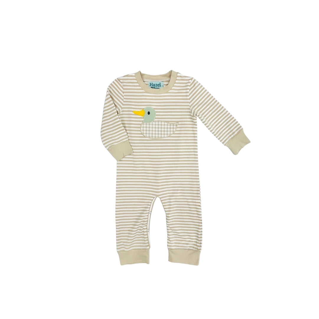Hazel Blue Tan Stripe/Gingham Mallard Applique Romper