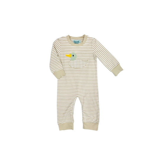 Hazel Blue Tan Stripe/Gingham Mallard Applique Romper