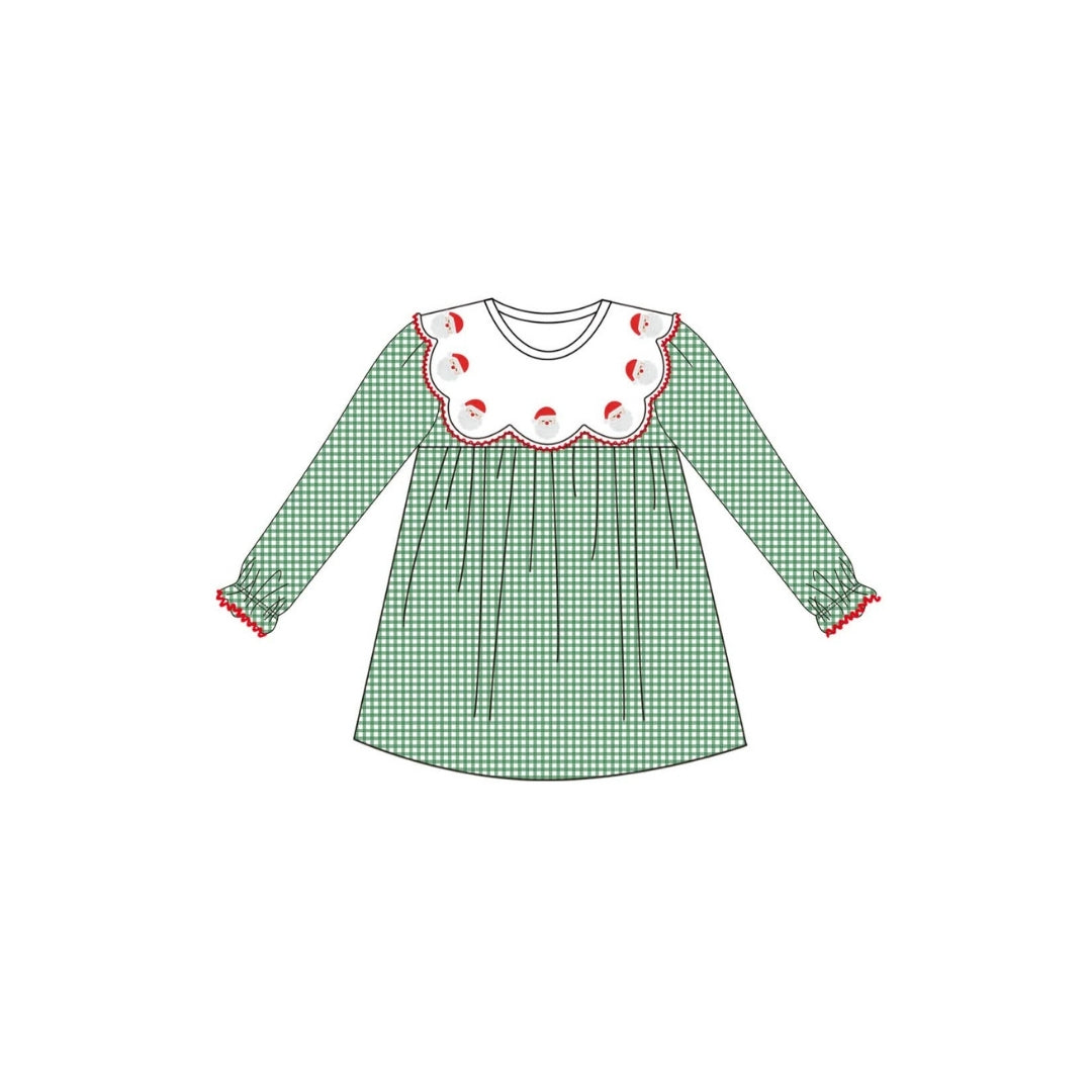 PRE ORDER - Hazel Blue Dark Green Micro Check Gingham Dress with Embroidered Santa Scalloped Bib Collar and Picot Trim