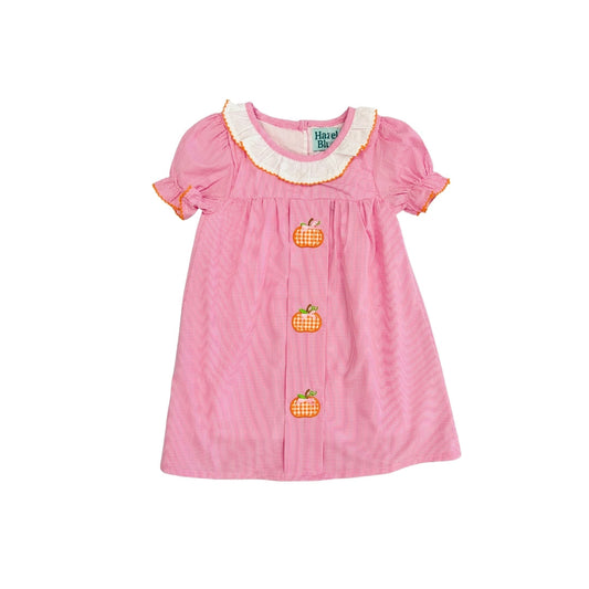 Hazel Blue Pink Micro Check Gingham Dress with Pumpkin Applique and Bows