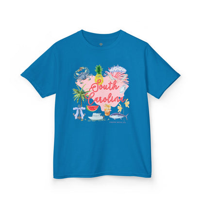 Bee Southern South Carolina Floral Girls Short Sleeve Heavy Cotton Gildan Youth Hive Tee