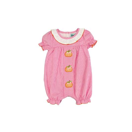 Hazel Blue Pink Micro Check Gingham Romper with Pumpkin Applique and Bows