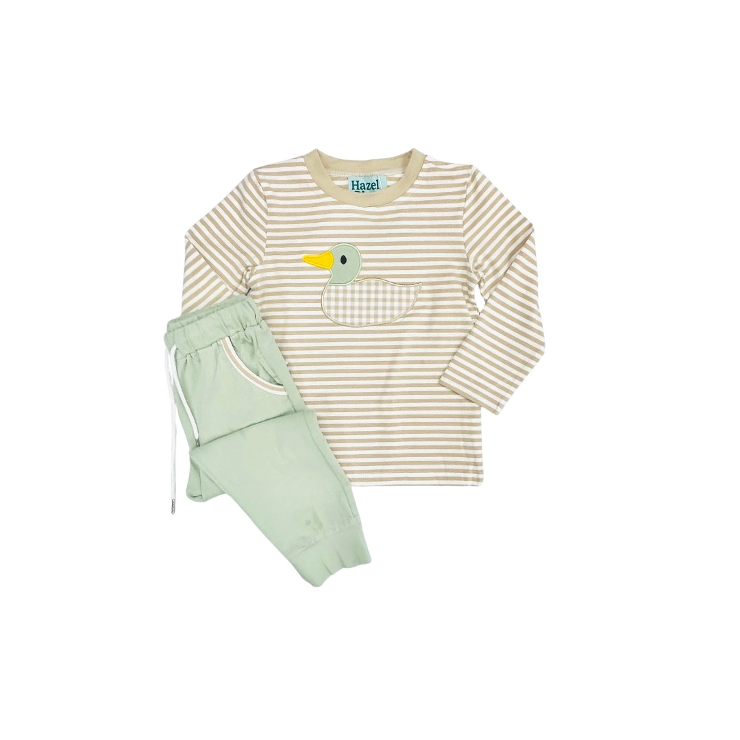 Hazel Blue Tan Stripe/Gingham Mallard Applique with Sage Joggers