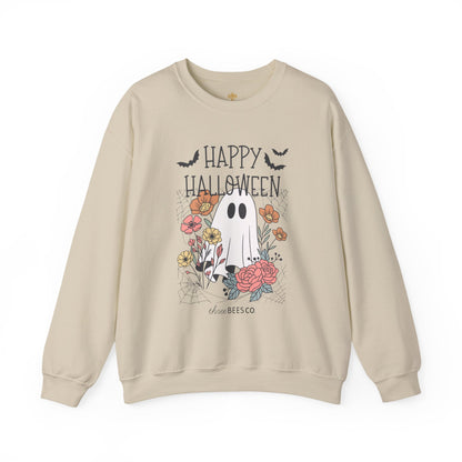 Happy Halloween Ghost Floral Sweatshirt | Cozy Gildan Unisex Crewneck, Three Bees Co. Fall Fashion, Halloween Apparel, Spooky Season Essentials