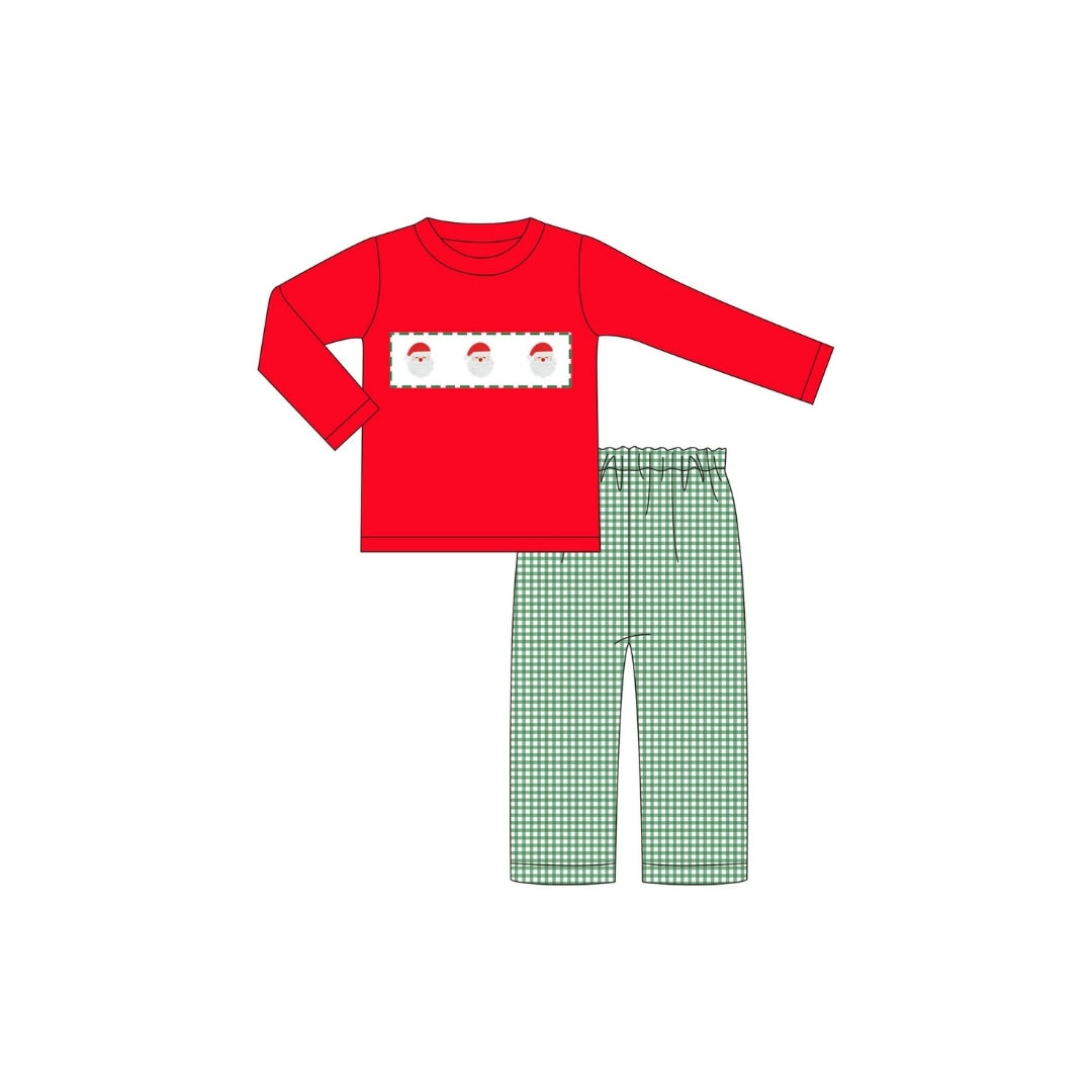 PRE ORDER - Hazel Blue Dark Green Micro Check Gingham Pant Set with Embroidered Santa