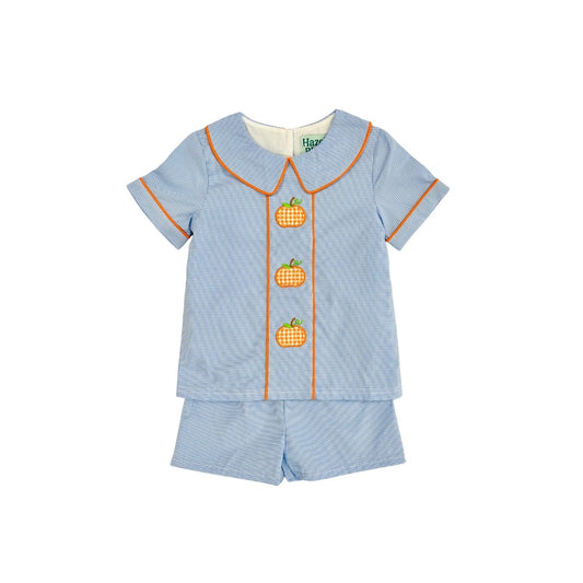 Hazel Blue Blue Micro Check Short Set with Pumpkin Applique