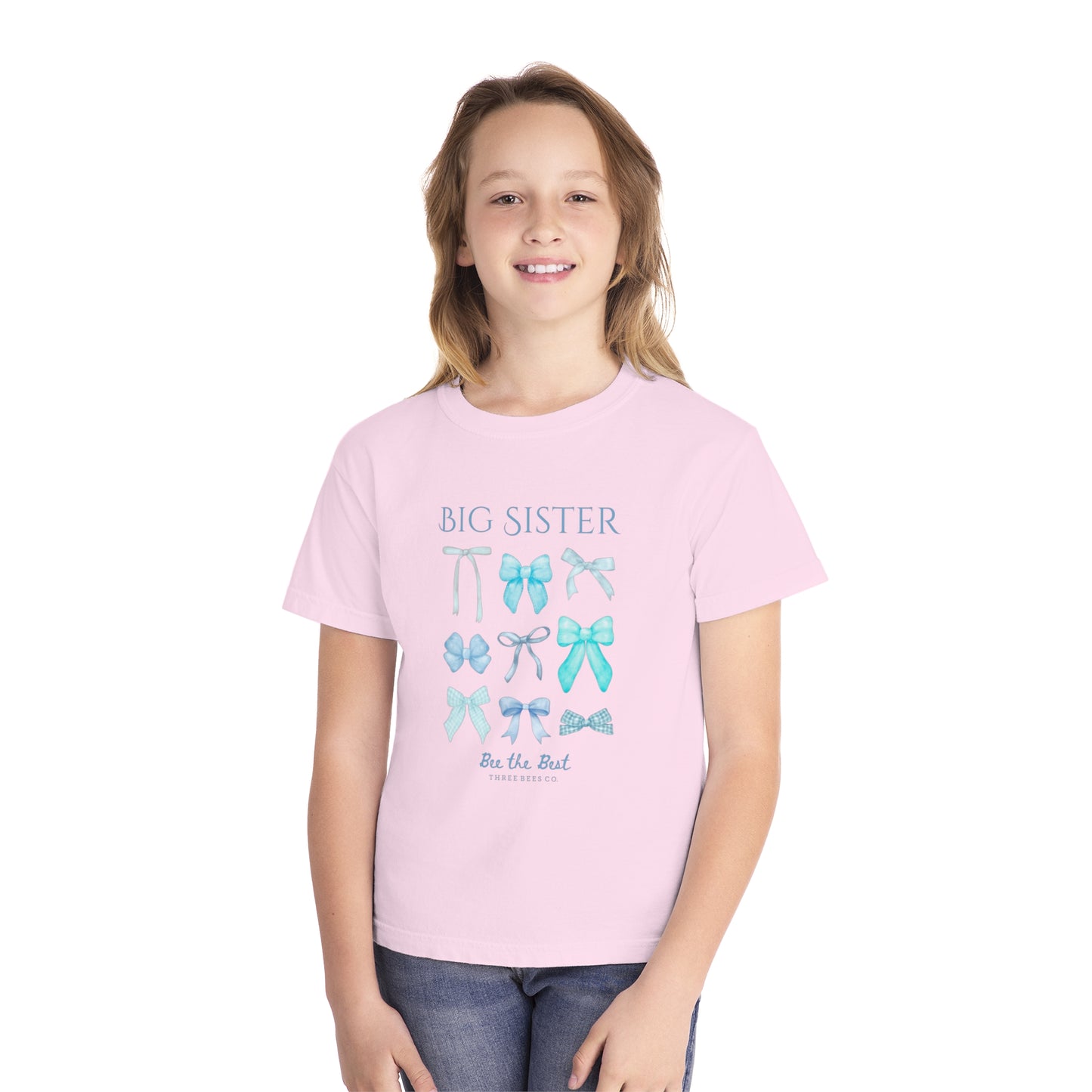 Bee the Best Big Sister Blue Bows Girls Short Sleeve Youth Hive Tee