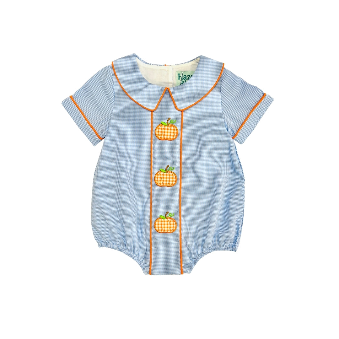 Hazel Blue Blue Micro Check Gingham Bubble with Pumpkin Applique