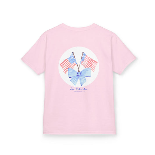 Bee Patriotic American Flag with Bow Girls Short Sleeve Youth Heavy Cotton Gildan Hive Tee