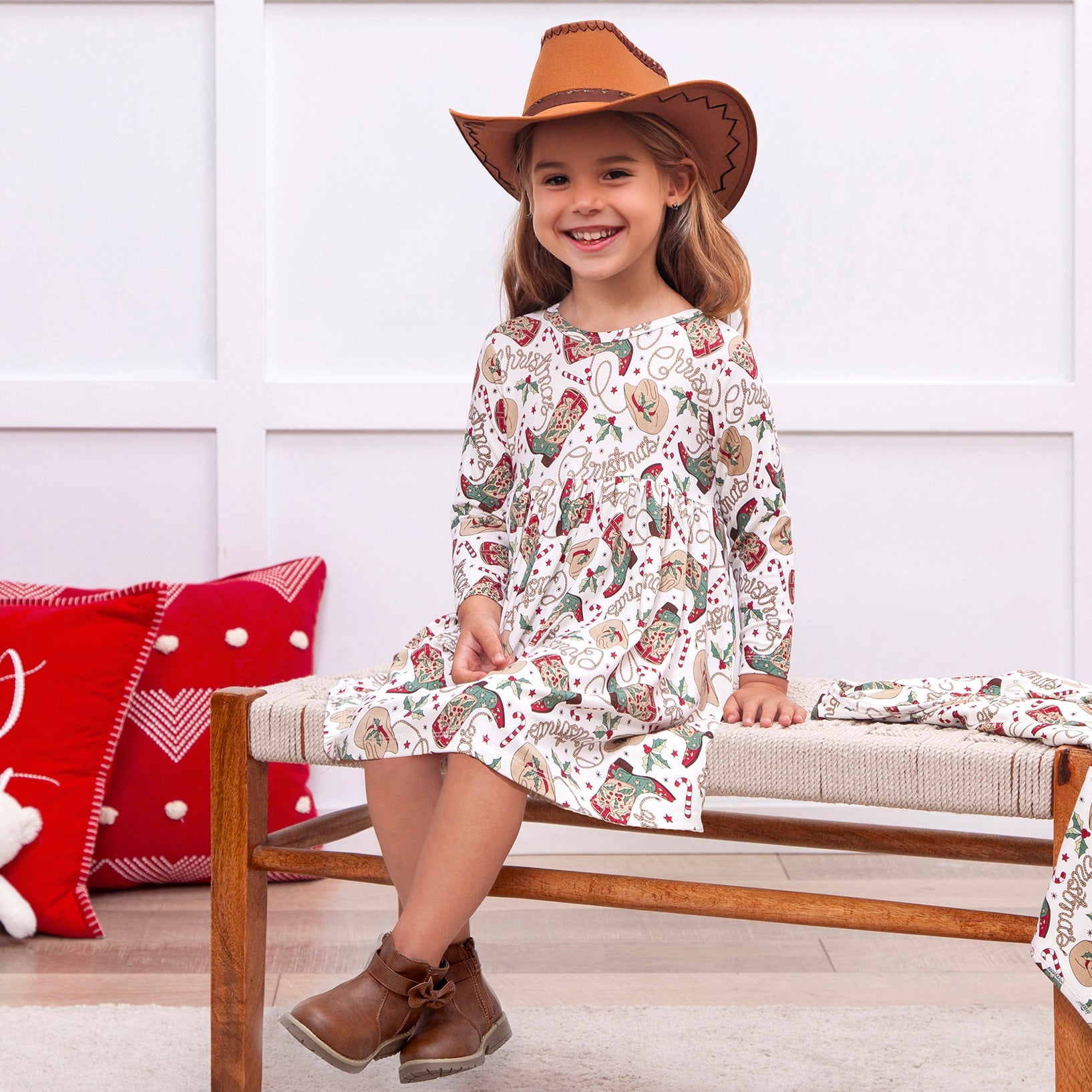 Western Christmas Girls Dress – Soft Bamboo Holiday Style – Three Bees Company