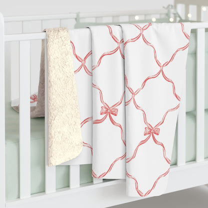 Three Bees Trellis Bow Cozy Sherpa Fleece Blanket - Red