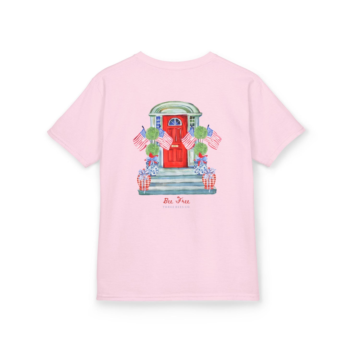 Bee Free Patriotic American Flag Front Porch Girls Short Sleeve Youth Hive Tee