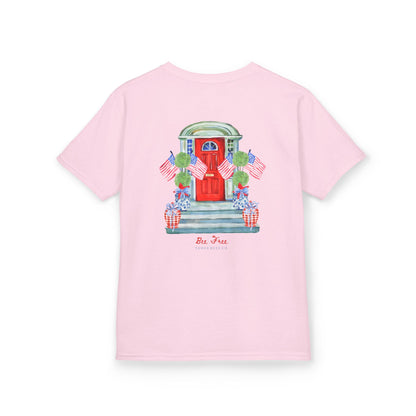 Bee Free Patriotic American Flag Front Porch Girls Short Sleeve Youth Hive Tee