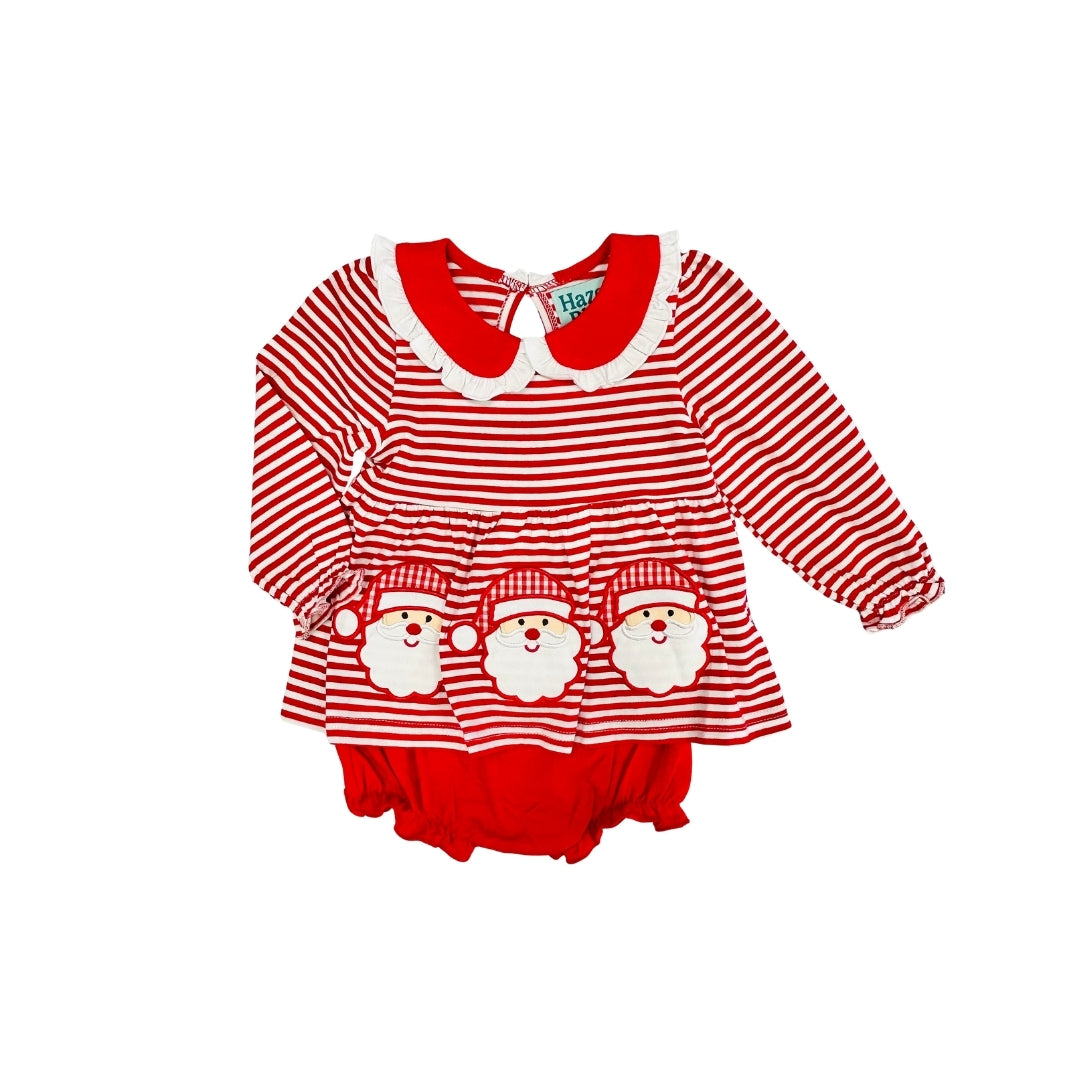 Hazel Blue Red Stripe Santa Applique Bloomer Set with Ruffle Collar