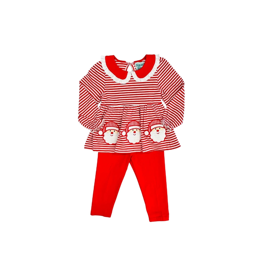 Hazel Blue Red Stripe Santa Applique Legging Set with Ruffle Collar