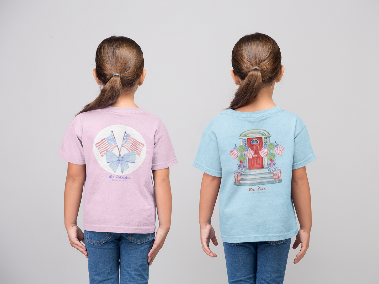 Bee Patriotic American Flag with Bow Girls Short Sleeve Youth Hive Tee