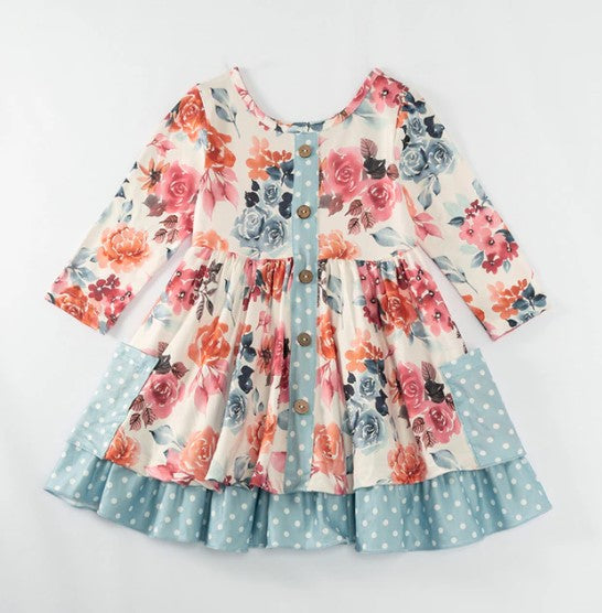 PREORDER Blue Hues Fall Floral and Polka Dots Dress