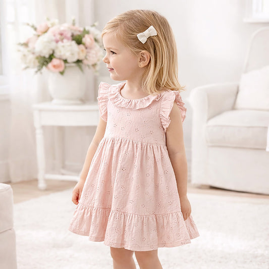 Eyelet Girl's Cotton Dress for Special Occasions - Pink