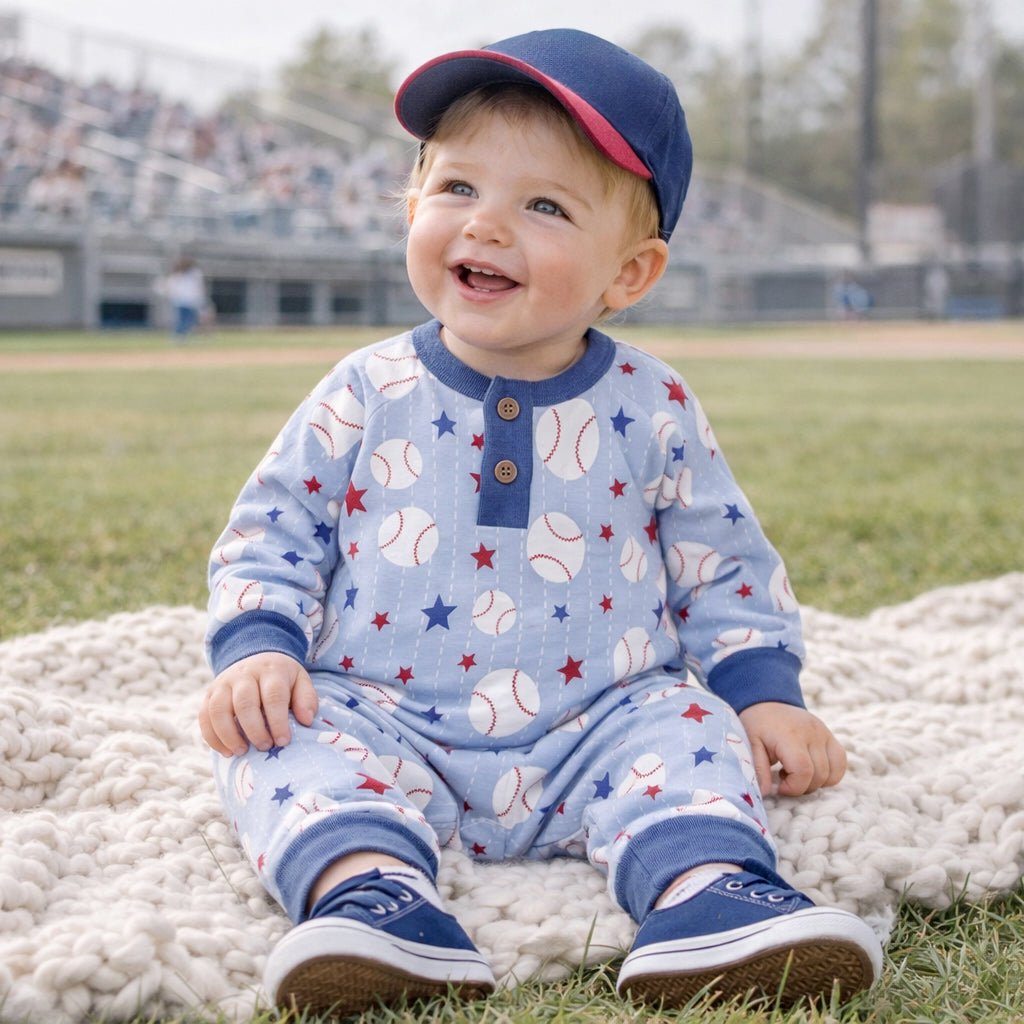Grand Slam Bamboo Baseball Henley Romper for Baby Boys