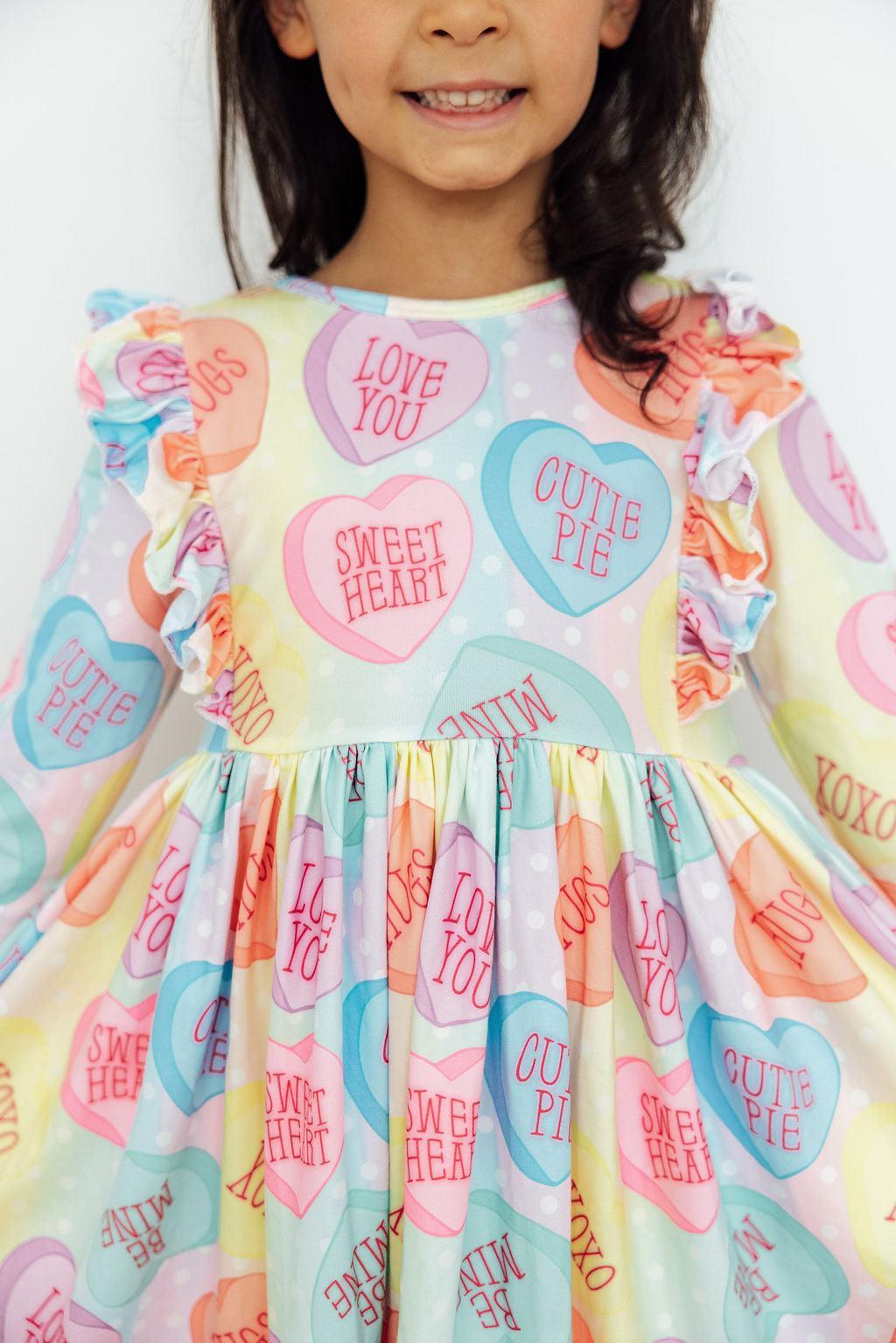 Conversation Hearts 3/4 Sleeve Ruffle Twirl Dress
