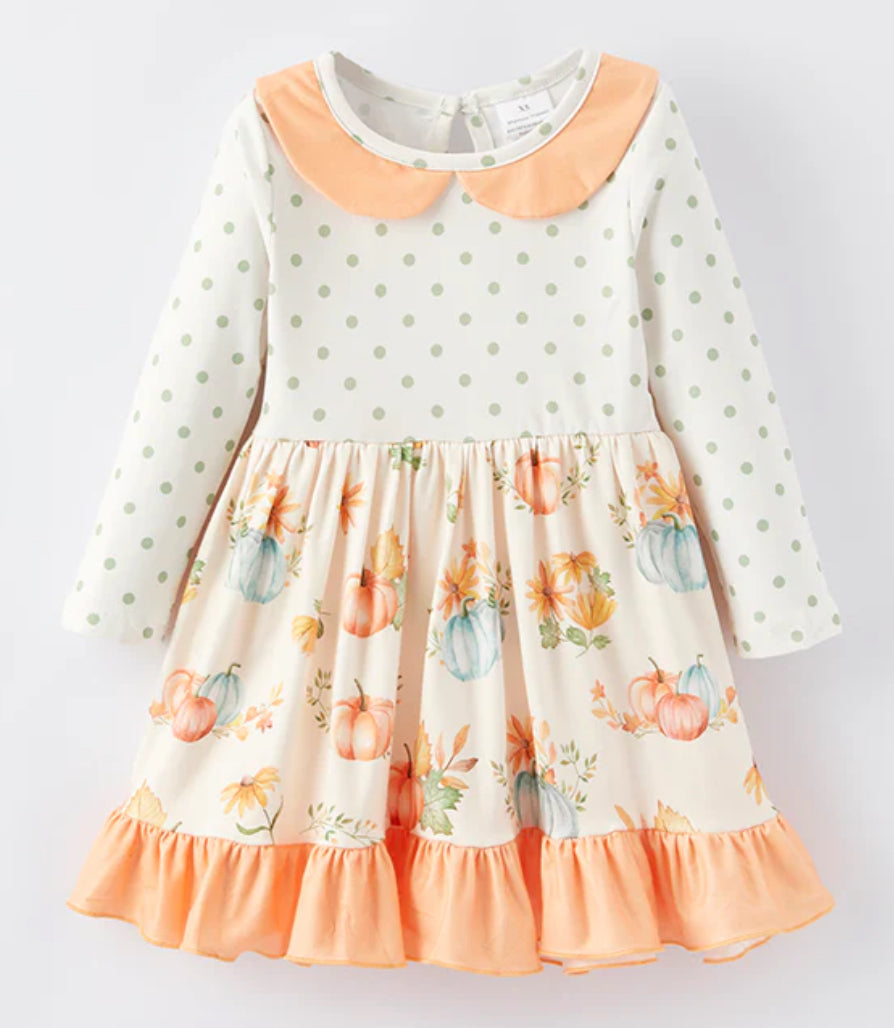 Watercolor Pumpkin Print and Polka Dot Twirl Dress