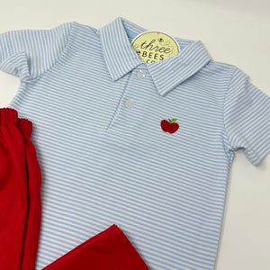Apple Embroidery Blue Stripe Boys Collared Shirt