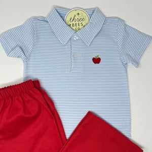 Apple Embroidery Blue Stripe Boys Collared Shirt