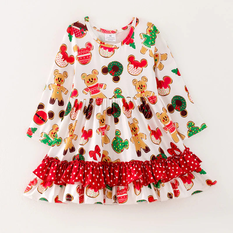 Disney Gingerbread Polka Dot Ruffle Long Sleeve Girls Dress 7