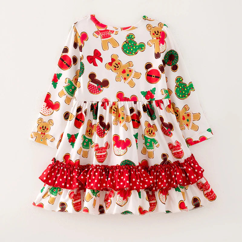 Disney Gingerbread Polka Dot Ruffle Long Sleeve Girls Dress