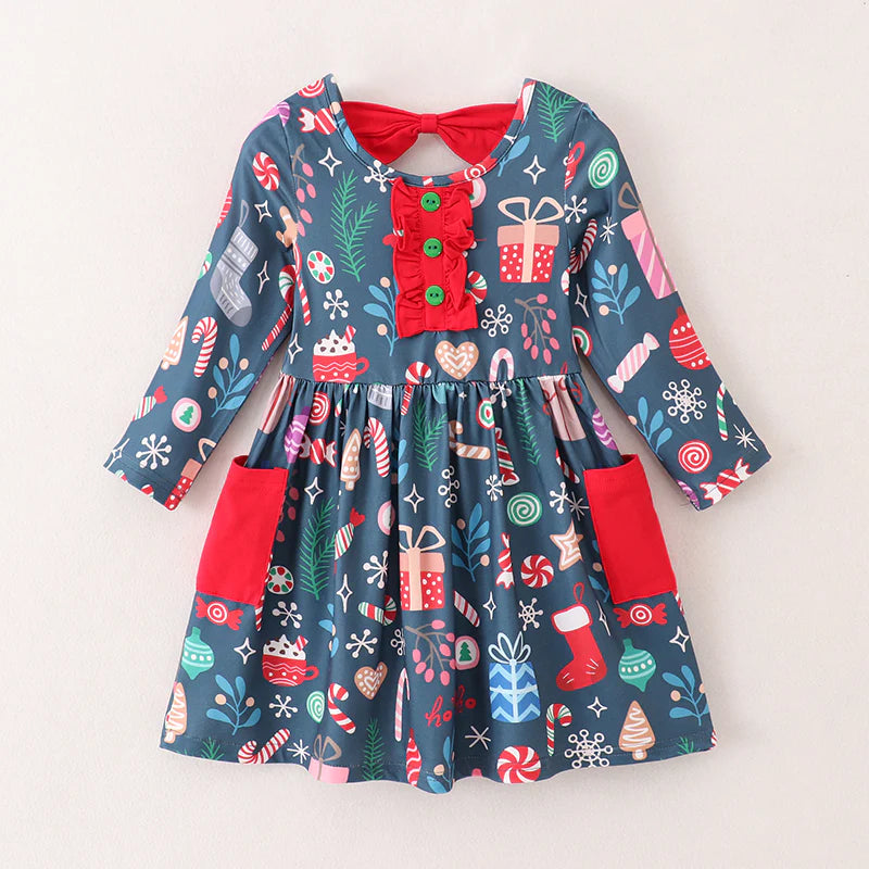 Christmas Print with Pockets Long Sleeve Girls Dress