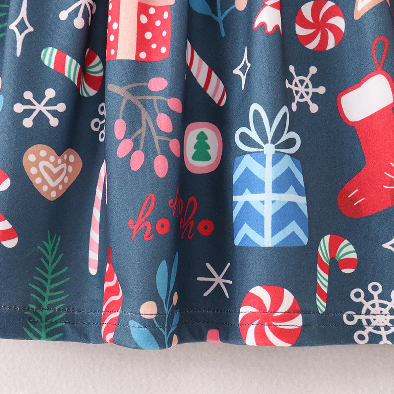 Christmas Print with Pockets Long Sleeve Girls Dress