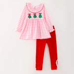 Christmas Tree Embroidery on Pink Check and Red Legging Girls Set