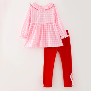 Christmas Tree Embroidery on Pink Check and Red Legging Girls Set