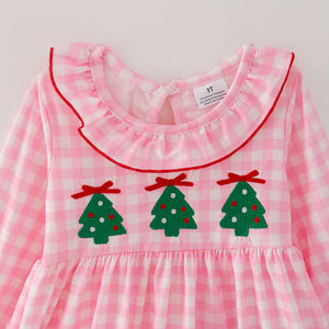 Christmas Tree Embroidery on Pink Check and Red Legging Girls Set