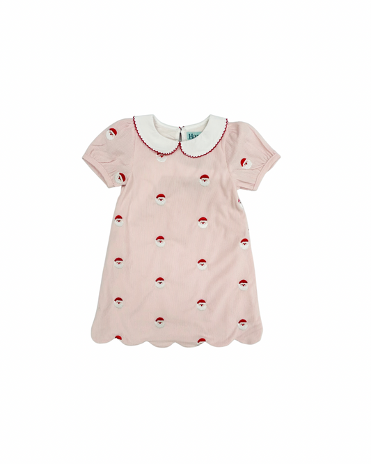 Hazel Blue All Over Pink Embroidered Santa Corduroy Dress with Picot Trim Peter Pan Collar & Scallop Hem