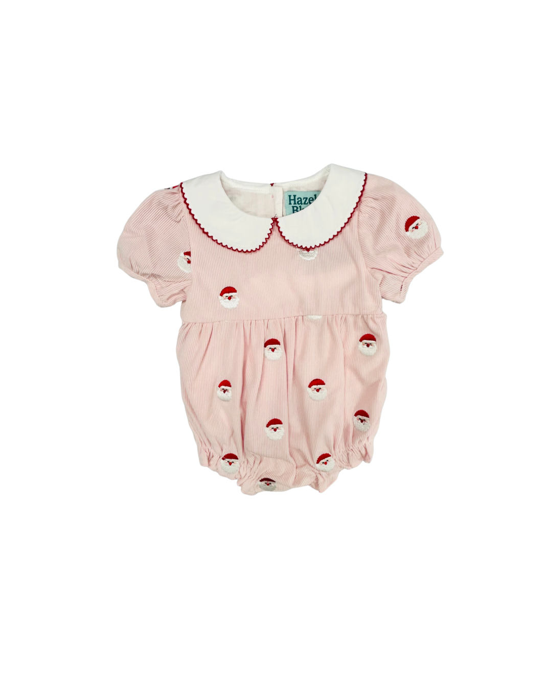 Hazel Blue All Over Embroidered Santa Corduroy Bubble with Picot Trim Peter Pan Collar