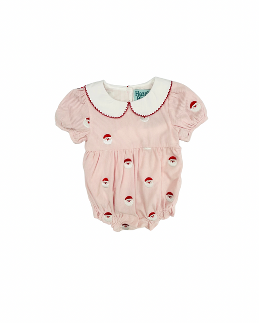 Hazel Blue All Over Embroidered Santa Corduroy Bubble with Picot Trim Peter Pan Collar