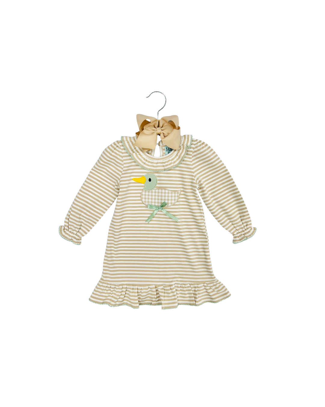 Hazel Blue Tan Stripe Picot Trim Ruffle Dress with Gingham Mallard Applique & Bow