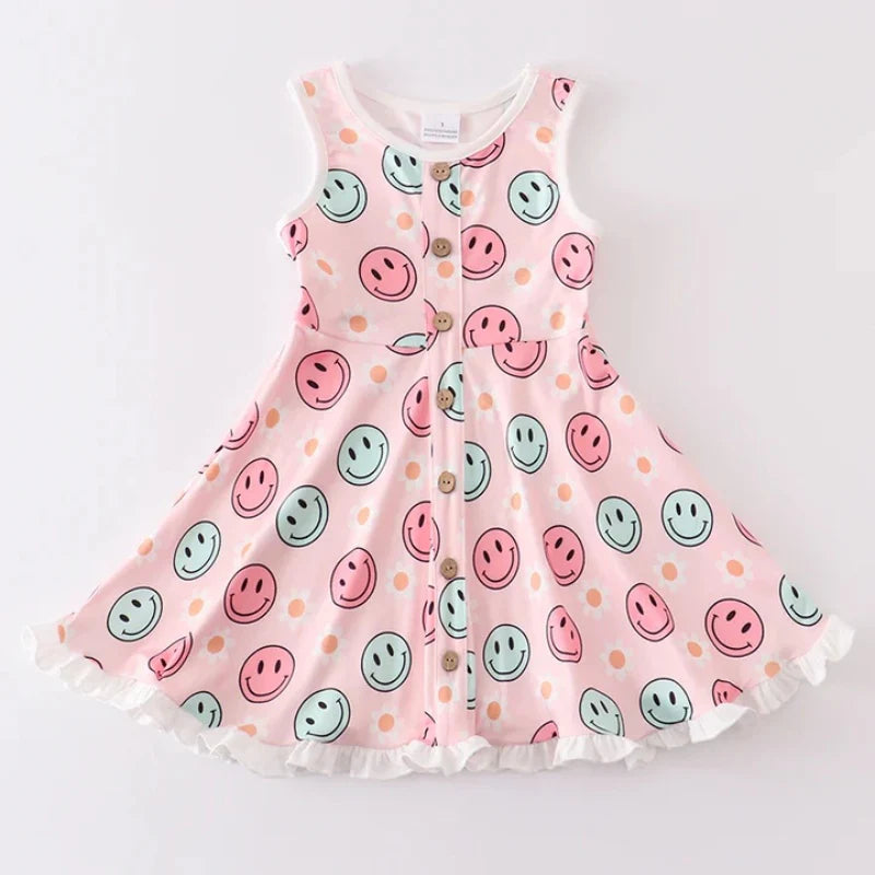 Light Pink Smiley Face Sleeveless Twirl Dress Preorder