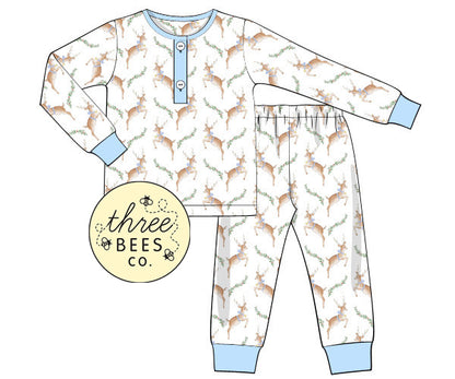 Jumping Reindeer in Blue with Holly Lounge Set