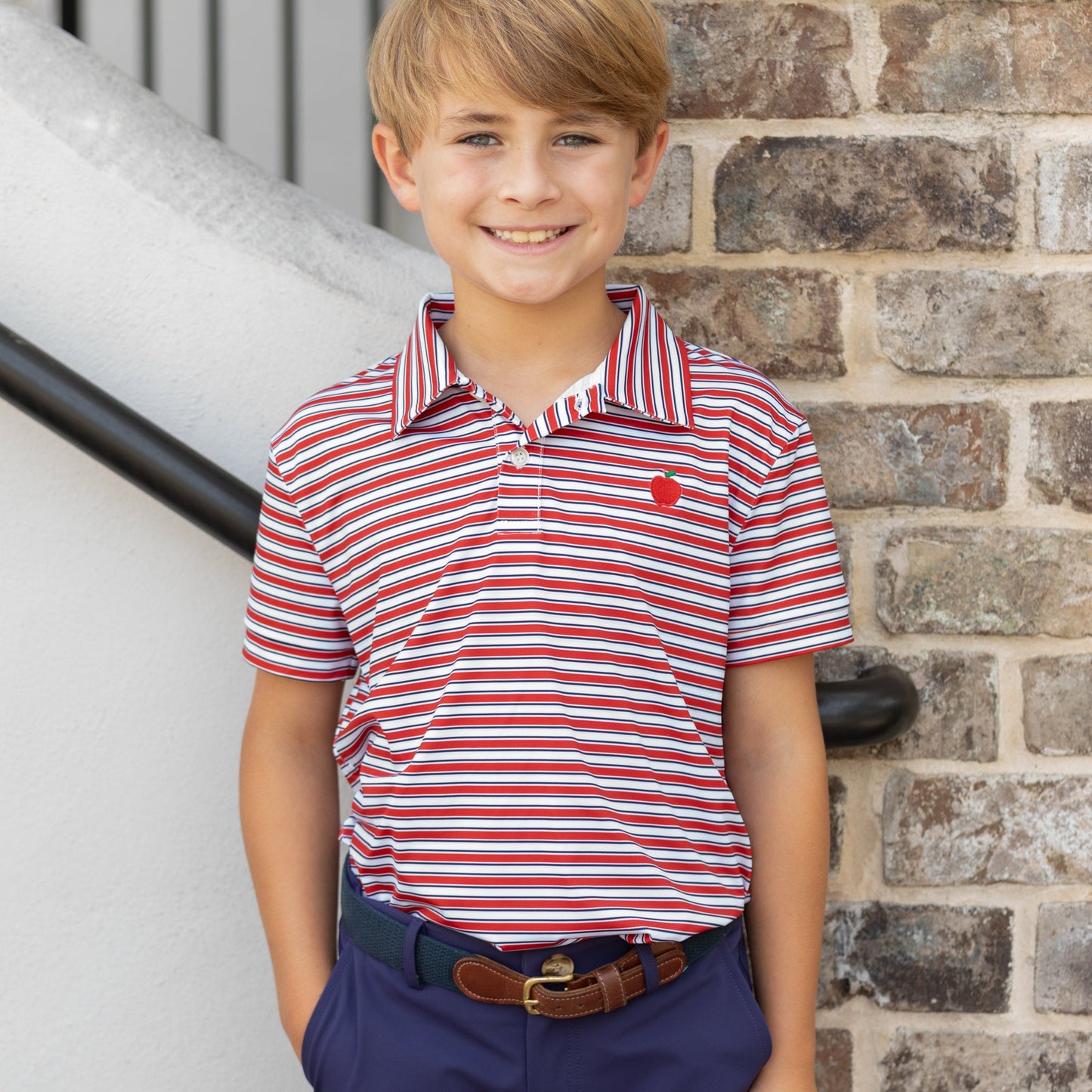 Match Point Polo in Rhode Island Red & Narragansett Navy Stripe