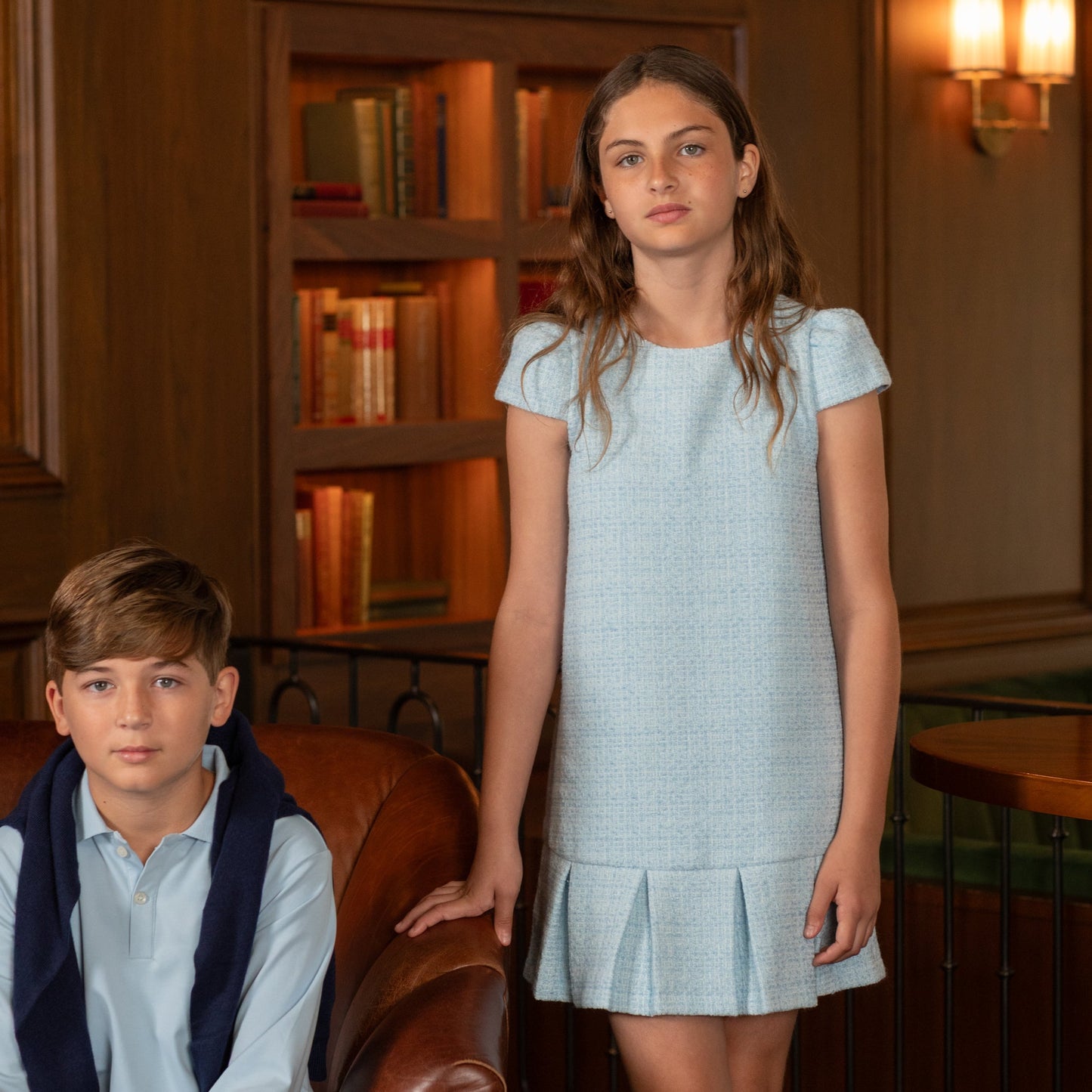 Charlotte Dress in Bay Tree Blue Tweed