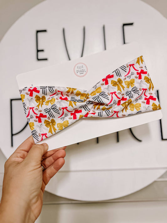 Evie Pearl Handmade LLC - White Red Gold Bows Twisted Chiefs Turban