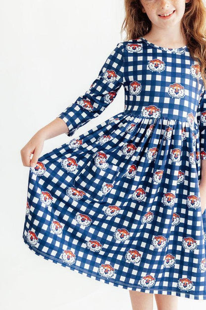 Auburn Plaid Aubie 3/4 Sleeve Pocket Twirl Dress
