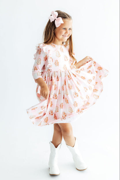 Christmas Traditions 3/4 Sleeve Ruffle Twirl Dress