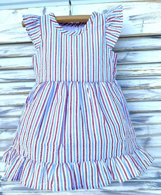 Red, White and Blue Flutter Sleeve Seersucker Stripe Dress